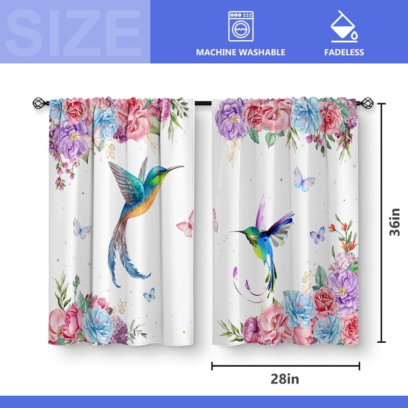 Aimego Floral Hummingbird Vintage Kitchen Curtains - Colourful Flower Cafe Farmhouse Small Short Tier Window Curtains for Living Dining Room Decor Rod Pocket Window Drapes 36 Inch Length Set 28"x36" - Image 3